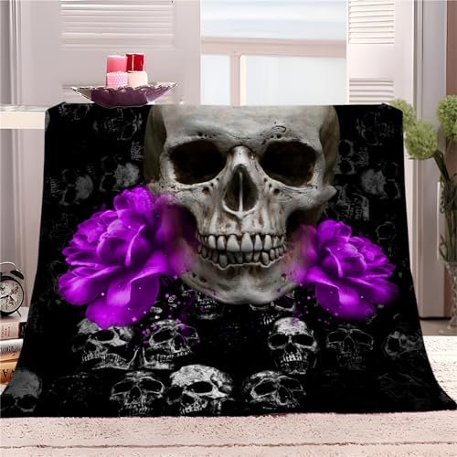 Bedding Flanelldecke Totenkopf Floral Lila 150x200 cm 3D-Druckdecke kuscheldecke,Sofadecke,Wolldecke,Bettlaken,Wärme und Isolierung Decke,Klimaanlage Decke für Wohn und Schlafräume von Quixora
