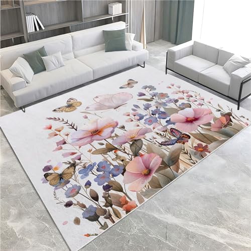 Quixora Bereich Teppich 3D Gedruckt Anti-Rutsch-Teppich Einfacher Stil Blumen Schmetterling Home Decoration Wohnzimmer Teppich Weiß Flanell Soft-Touch,Leicht Zu Reinigen 120x170cm von Quixora