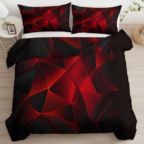 Quixora Bettbezug Einzelbett 180 x 200 cm Unregelmäßige Schwarze und rote Geometrie Wendebettwäsche Bettwäsche Set mit Reißverschluss 3 Teilig Weiche Steppdeckenbezug+ Kissenbezüge 80x80 cm von Quixora