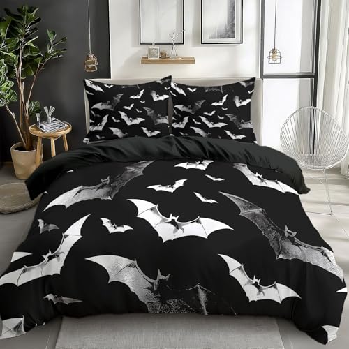Quixora Bettwäsche 135 x 200 cm Wende Bettbezug Set 3 Teilig, Schwarz, Muster Gotisches Fliegen Fledermäuse, Weiche Microfaser Bettbezug mit Reißverschluss und 80x80cm Kissenbezug von Quixora