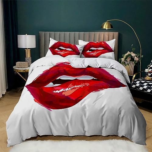 Quixora Bettwäsche 135x200cm 3D Druck Ölgemälde rote Lippen Muster Bettbezug Set Bettwäsche Set 3 Teilig Bettbezüge Mikrofaser Bettbezug mit Reißverschluss und 2 Kissenbezug 80x80cm von Quixora