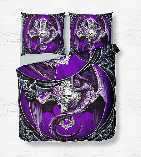 Quixora Bettwäsche 135x200cm Totenkopf und lila Drache Bettbezug Set mit Reißverschluss Weiche Microfaser Deckenbezug und 2 Kissenbezug 80 x 80cm von Quixora