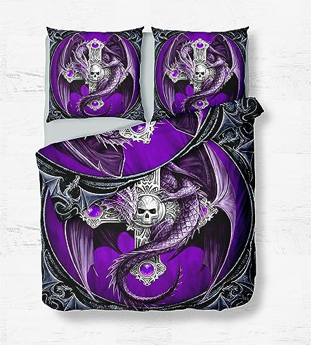 Quixora Bettwäsche 135x200cm Totenkopf und lila Drache Bettbezug Set mit Reißverschluss Weiche Microfaser Deckenbezug und 2 Kissenbezug 80 x 80cm von Quixora