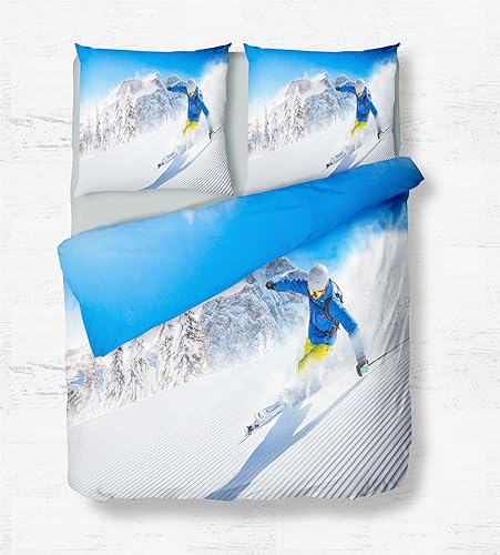 Quixora Bettwäsche 3D Skifahren im Schnee Muster 135x200 Bettbezug Weich Mikrofaser Wendebettbezug 3 Teilig mit Reißverschluss und Kissenbezug 80x80cm von Quixora