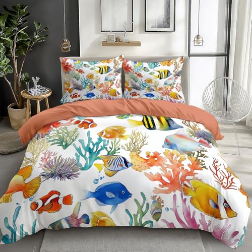 Quixora Bettwäsche Bettbezug Set 135 x 200 cm Cartoon Unterwasser Ozean Fisch Koralle Bettbezug für Jungen Kind Hypoallergen Bettwäsche-Set Drucken Bettwäsche Mikrofaser Orange Braun Bettbezug von Quixora