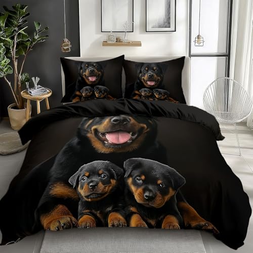 Quixora Bettwäsche Set Dunkelschwarz 135 x 200 cm Rottweiler-Hund Im Tier Muster Microfaser Einzelbett Wendebettwäsche Bettbezug mit Reißverschluss 3 Teilig Weiche Bettwäsche + Kissenbezüge 80x80 cm von Quixora