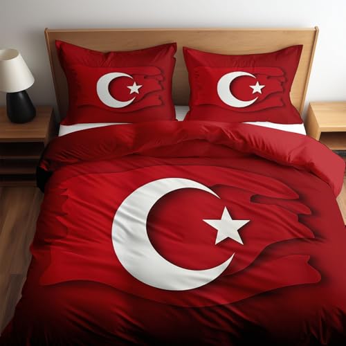 Quixora Bettwäsche Set Rot 180 x 200 Türkische Flagge Muster Microfaser Doppelbett Wendebettwäsche Bettbezug mit Reißverschluss 3 Teilig Weiche Bettwäsche + Kissenbezüge 80x80 cm von Quixora