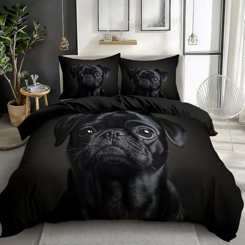 Quixora Bettwäsche Set Schwarz 135 x 200 cm Tier Schwarzer Mops Muster Microfaser Einzelbett Wendebettwäsche Bettbezug mit Reißverschluss 3 Teilig Weiche Bettwäsche + Kissenbezüge 80x80 cm von Quixora