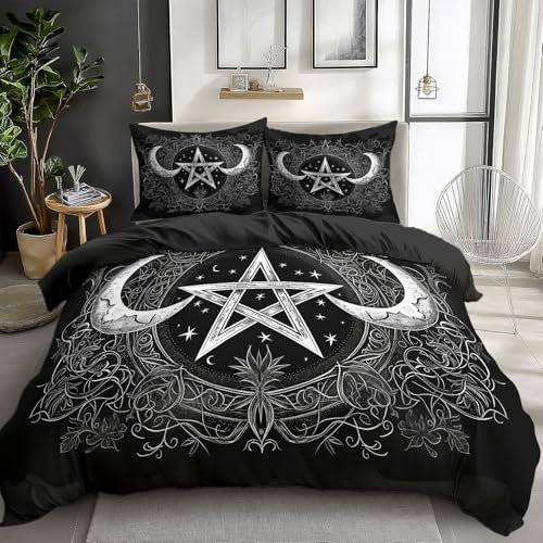 Quixora Dark Fantasy Mond Pentagramm Bettwäsche Set Schwarz Bettbezug mit Reißverschluss Pflegeleicht Atmungsaktiv Mikrofaser 200 x 200 cm 2 Kissenbezug 80x80cm von Quixora
