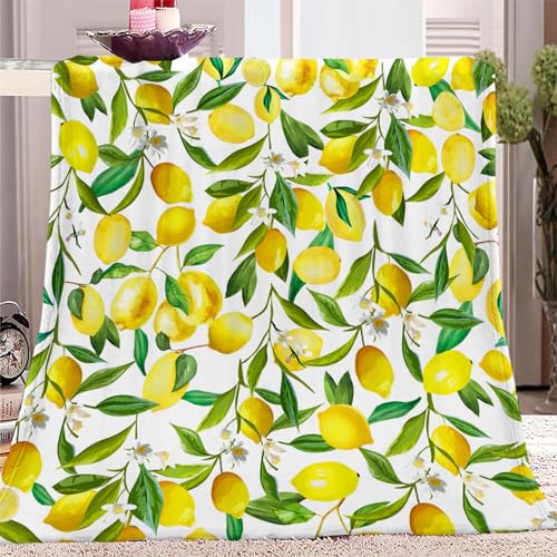 Quixora Kuscheldecke Gelb Zitrone Frucht GrüNe BläTter Flauschig Fleecedecke als Sofadecke Couchdecke Wohndecke Weiche & Warme Sofaüberwurf Decke 70 x 100 cm von Quixora