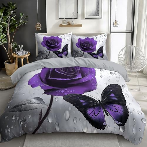 Quixora Romantischer Schmetterling Lila Rose Bettwäsche Set Hellgrau Bettbezug mit Reißverschluss Pflegeleicht Atmungsaktiv Mikrofaser 135 x 200 cm 2 Kissenbezug 80x80cm von Quixora
