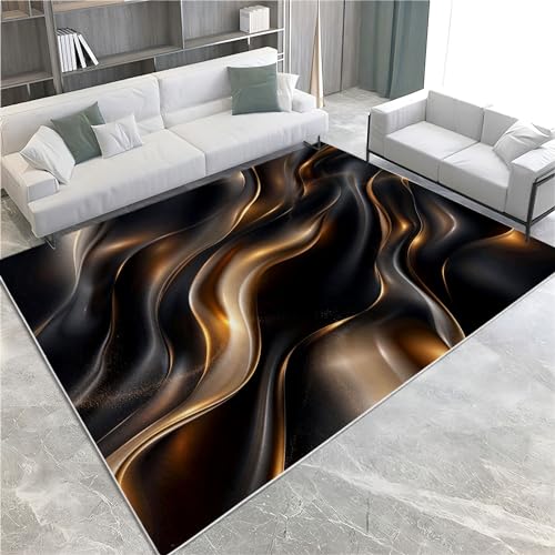 Quixora Schwarzes Gold Teppich 3D-Fantasie Gestreift Geometrisch Kinder Jungen 60x90cm Teppich Dekoration Schlafzimmer Wohnzimmer,Modern rutschfest Waschbar Flanell Rechteck Teppiche von Quixora