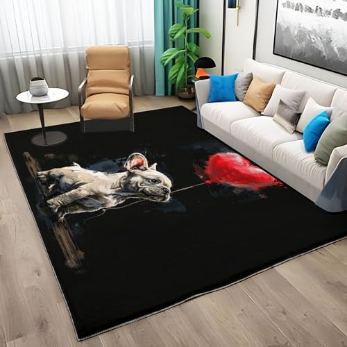 Quixora Tiere Hund Mops Ballon Design Teppich Weich Kurzflor Wohnzimmerteppich rutschfest Waschbar Schlafzimmer Bettvorleger Schwarz Teppich Waschbar in Waschmaschine, Pflegeleicht 80x150 cm von Quixora