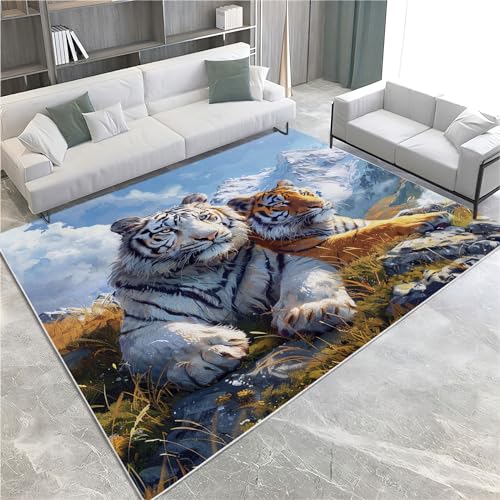 Quixora Tiger Mit Tiermotiv, WeißEr Tiger Teppich Gegend Waschbare Weich rutschfest Wohnzimmerteppich 160x230 cm, für Küchen Esszimmer Eingangsbereich Balkon Garten Terrasse von Quixora
