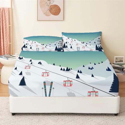 Spannbettlaken 180x200cm Kinder Matratzenschoner Snow Mountain-Seilbahn Gedruckt Bettlaken für Boxspringbett Mikrofaser Spannbetttuch bis 30 cm Hohe, Spannbetttücher Set mit 2 Kissenbezügen von Quixora