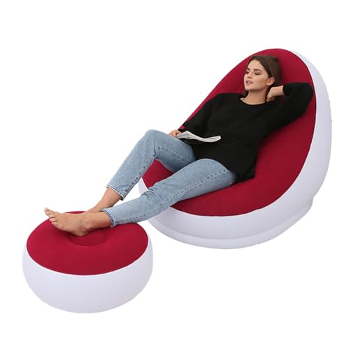 Qukaim Tragbarer aufblasbarer Sessel mit Fußhocker, faltbarer Beflockung, PVC, aufblasbarer Lounge-Sessel für Outdoor, Camping, Reisen, Rot von Qukaim
