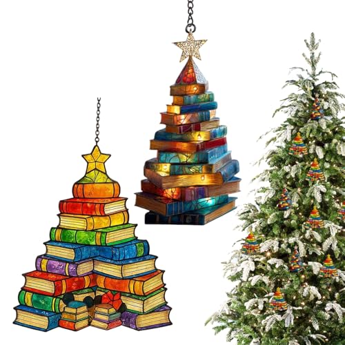 Qukoielly Buchornamente für Weihnachtsbaum | Stapel von Büchern Weihnachtsdekoration | 2D Acryl Dekoration Innen Fenster Tür Haus für Familienfeier Party Winterurlaub von Qukoielly