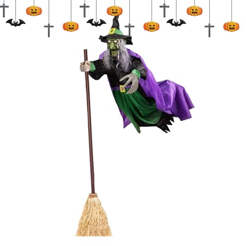 Qukoielly Fliegende Hexe Halloween Dekoration, Outdoor Gruselige fliegende Schwebehexen Halloween Animatronische Hexe auf , Hexen Dekorationen mit leuchtenden Augen und gruseligem Klang, für von Qukoielly