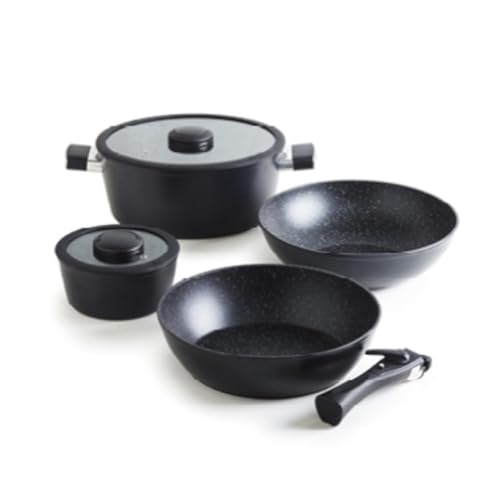 Qulinart - Stapelbares Topfset aus Hochwertigem Aluminiumguss - 5 Teile mit Abnehmbarem Griff + 2 Töpfe in 28 cm & 16 cm + Pfanne 28 cm + Wok 28 cm - Schwarz von Qulinart