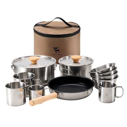 Qunature Camping Kochgeschirr Set, 11 Teilige Outdoor Kochset Campinggeschirr, Töpfe und Beschichtete Pfanne mit Schüsseln und Bechern, Platzsparend Stapelbar für Camping, Wandern, Edelstahl Qunature Camping Kochgeschirr Set, 11 Teilige Outdoor Kochset Campinggeschirr, Töpfe und Beschichtete Pfanne mit Schüsseln und Bechern, Platzsparend Stapelbar für Camping, Wandern, Edelstahl von Qunature