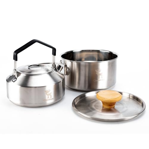 Qunature Camping Kochgeschirr Set Campinggeschirr mit Topf 1,5 L und Teekessel 1,1 L, Kompaktes Platzsparend Stapelbar für Camping, Wandern, Outdoor Küche, Edelstahl Qunature Camping Kochgeschirr Set Campinggeschirr mit Topf 1,5 L und Teekessel 1,1 L, Kompaktes Platzsparend Stapelbar für Camping, Wandern, Outdoor Küche, Edelstahl von Qunature
