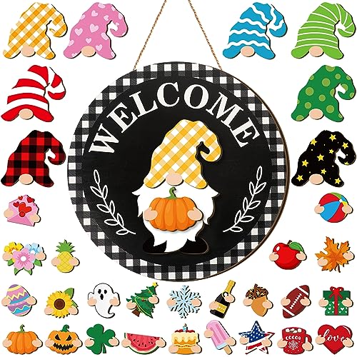 Qunclay Austauschbare Holzzwerg Dekor Urlaub saisonale abgestufte Tablett Dekoration mit 24 Magnetstücken und 8 abnehmbaren Hüten Zwerg veränderbares Willkommensschild für Zuhause (stilvoll) von Qunclay