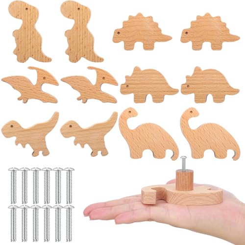 Qunclay Schrankknäufe aus Holz, dekorative Holzknöpfe mit Schrauben, Kommode, Ziehen, Holz, Meerestiere, Wald, Tiere, Möbelknöpfe, Kinderzimmer, Schubladengriffe für Dekoration (Dinosaurier, 12 Sets) von Qunclay