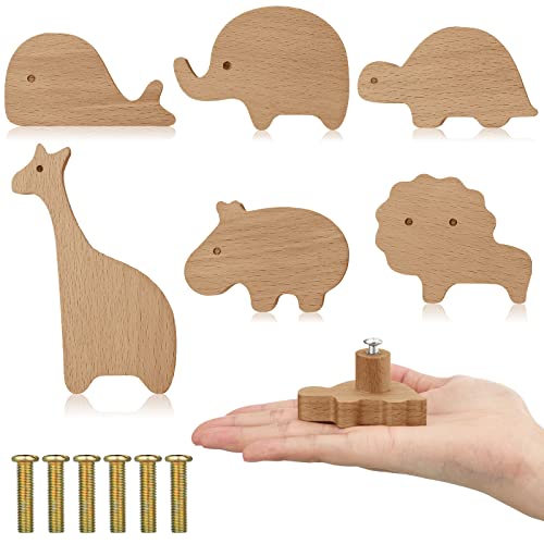 Qunclay Schrankknäufe aus Holz, dekorative Holzknöpfe mit Schrauben, Kommode, Ziehen, Holz, Marine, Wald, Tiere, Möbelknöpfe, Kinderzimmer, Schubladengriffe für Dekoration (Zoo, 6 Sets) von Qunclay