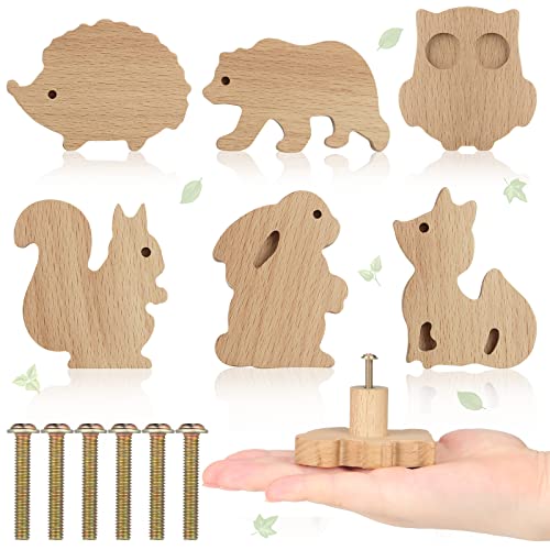 Qunclay Schrankknäufe aus Holz, dekorative Holzknöpfe mit Schrauben, Kommode, Ziehen, Holz, Meerestiere, Waldtiere, Möbelknöpfe, Kinderzimmer, Schubladengriffe für Dekoration (Waldtiere, 6 Sets) von Qunclay