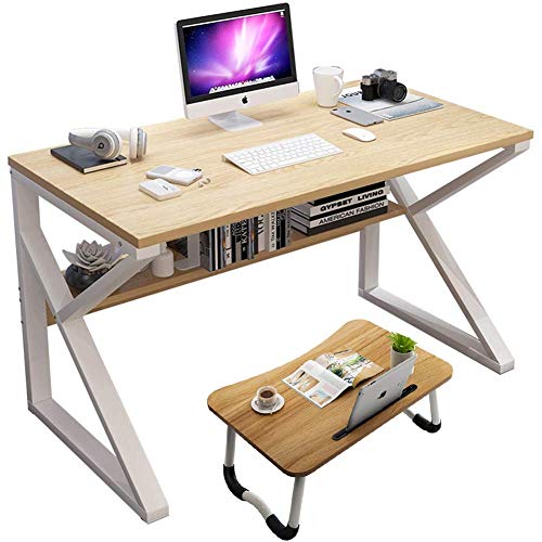 Computertisch - 80 cm x 40 cm x 72 cm Schreibtisch, Verbundholz, Heimbüro-Computertisch, natürliche Holzfarbe und weiße Beine, kann im Heimbüro, im Arbeitszimmer und im Wohnzimmer von Qunine