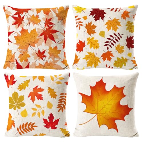 Kissenbezug Herbst, 4 Stück Ahornblatt Kissenbezug, 45x45 Dekorative Kissenbezug Erntedankfest, Herbst Leinen Kissenbezüge Dekokissen, Herbst Kissen Kürbis für Sofa Couch Schlafzimmer Wohnzimmer von Qunkun