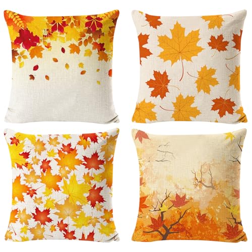 Kissenbezug Herbst, 4 Stück Ahornblatt Kissenbezug, 45x45 Dekorative Kissenbezug Erntedankfest, Herbst Leinen Kissenbezüge Dekokissen, Herbst Kissen Kürbis für Sofa Couch Schlafzimmer Wohnzimmer von Qunkun