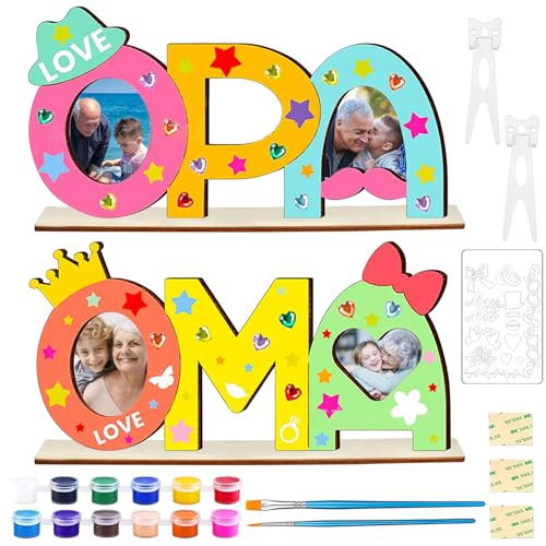 2 Stück Holzbuchstaben Oma und Opa Bastelset mit Farben Pinseln Malzubehör, Opa Oma Geschenk Oma Opa Geschenke zum Geburtstag Uroma Geschenke für Opa Oma Weihnachtsgeschenke Fotorahmen von Qunkun