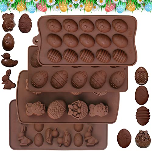 Ostern Silikon Schokoladenformen, 4 Stück Silikon Schokoladenformen, Ostern Ei Hase Form Schokoladenform für Süßigkeiten, Gummi, Schokolade, Süßigkeiten, Gelee, Eiswürfel von Qunkun