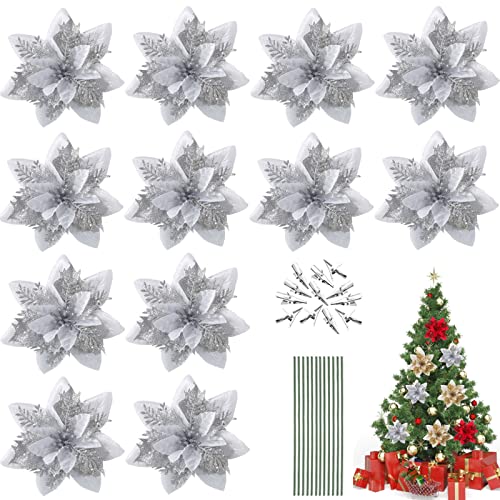 Qunkun 12 Stück Weihnachten Glitzer Weihnachtsstern Künstliche Blumen, Weihnachtsstern Deko Blumen, Weihnachtsblumen, Christbaumschmuck, Weihnachten Blumen mit 12Pcs Vorbauten und Clips von Qunkun