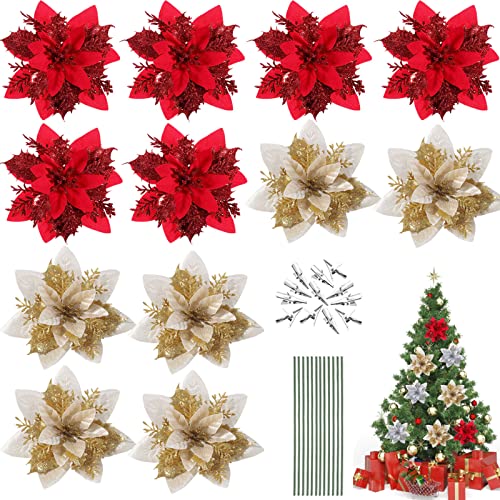 Qunkun 12 Stück Weihnachten Glitzer Weihnachtsstern Künstliche Blumen, Weihnachtsstern Deko Blumen, Weihnachtsblumen, Christbaumschmuck, Weihnachten Blumen mit 12Pcs Vorbauten und Clips von Qunkun