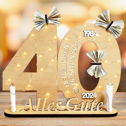 Qunkun Geldgeschenke Geburtstag, Geschenke zum 40 Geburtstag Frau Mann, 40 Geburtstagszahlen Holz Schild Gästebuch mit LED Lichterkette, Kreatives Geldgeschenke, Geburtstag Deko für Freunde/Familie von Qunkun