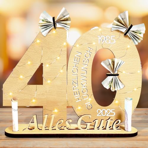 Qunkun Geldgeschenke Geburtstag, Geschenke zum 40 Geburtstag Frau Mann, 40 Geburtstagszahlen Holz Schild Gästebuch mit LED Lichterkette, Kreatives Geldgeschenke, Geburtstag Deko für Freunde/Familie von Qunkun