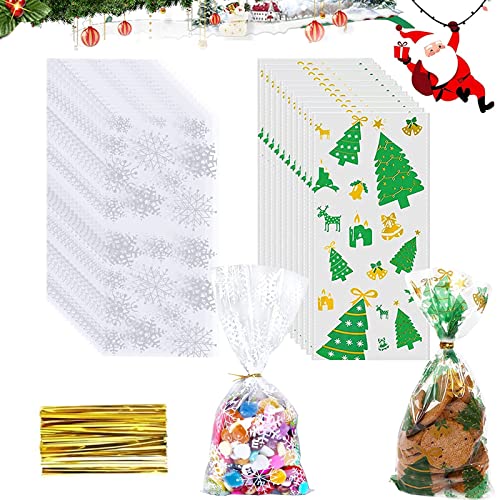 Qunkun Schneeflocke Cellophantüten, 100 Stück Schneeflocke Kekstüten Weihnachten, Weihnachten Süßigkeiten Tüten plätzchentüten, Süßigkeiten Tüten mit 100 Gold Twist Krawatten für Bäckerei Pralinen von Qunkun