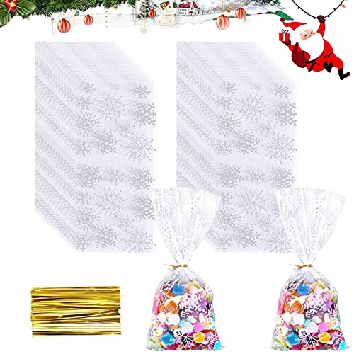 Qunkun Schneeflocke Cellophantüten, 100 Stück Schneeflocke Kekstüten Weihnachten, Weihnachten Süßigkeiten Tüten plätzchentüten, Süßigkeiten Tüten mit 100 Gold Twist Krawatten für Bäckerei Pralinen von Qunkun