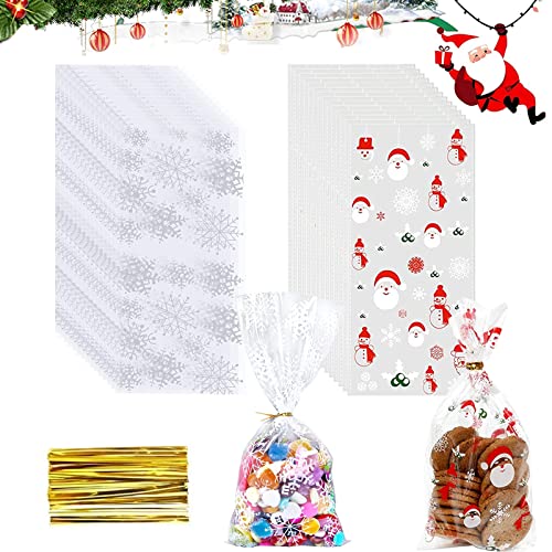 Qunkun Schneeflocke Cellophantüten, 100 Stück Schneeflocke Kekstüten Weihnachten, Weihnachten Süßigkeiten Tüten plätzchentüten, Süßigkeiten Tüten mit 100 Gold Twist Krawatten für Bäckerei Pralinen von Qunkun