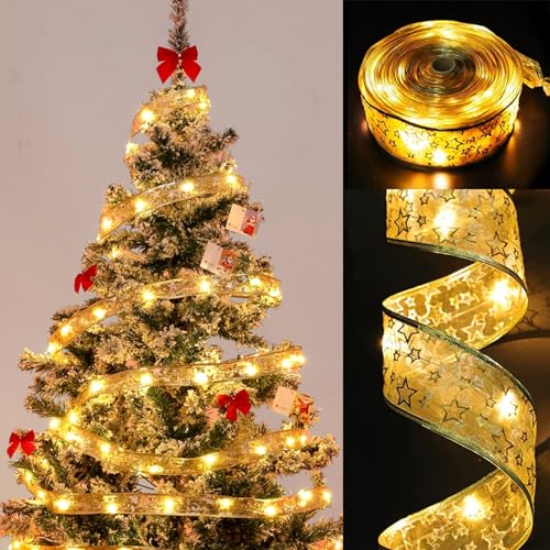 Weihnachtsband Lichter, 5M Glänzende Band Lichterkette 50 LED, Weihnachtsdeko, Shining Ribbon Fairy Lights, Weihnachtsbaum Deko Lichter, Weihnachtsbaum Band, Weihnachten Deko, Christmas Party Lights von Qunkun