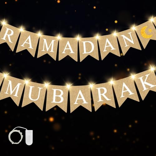 Ramadan Deko, Kareem Banner, Eid Mubarak Banner, Eid Deko Sackleine Banner mit 3 Meter LED Lichterkette, Ramadan Muslim Banner, Ramadan Wimpelkette, Eid Mubarak Party Dekoration für Ramadan Zubehör von Qunkun