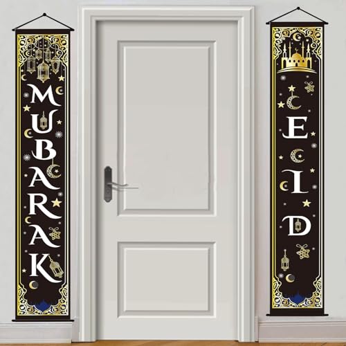 Ramadan Dekoration, 2 Stücke Eid Mubarak Banner, Ramadan Veranda Banner Zeichen, Ramadan Mubarak Dekoration Hintergrund Banner, Ramadan Banner für Eid Mubarak Dekoration Muslimische Garten Deko (A) von Qunkun