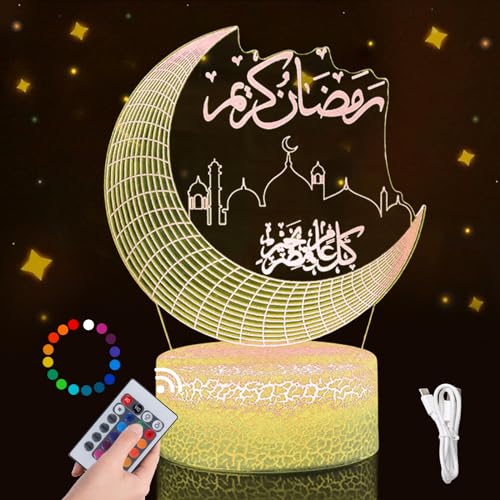 Ramadan Dekoration LED Lamp, Ramadan Deko, Eid Ramadan Dekorative Fee Licht, 16 Farben Ramadan Mondlampe Farbwechsellampe mit Fernbedienung, Eid Dekorationen Mond Stern Nachtlichter Eid Hauptdekor von Qunkun