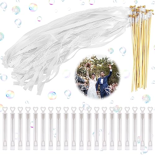 Wedding Wands, 20 Stück Zauberstäbe mit Glocken, 20 Mini Stück Seifenblasen, Fairy Stick, Hochzeit Zauberstäbe, Weiß Zauberstäbe Hochzeit, Wedding Ribbon Stick für Hochzeit Party Geburtstag Mitgebsel von Qunkun