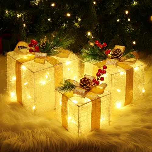Quntis 3 Set LED Geschenkbox Weihnachten, Weihnachtsdeko Innen Strombetrieben, 60 warmweiße LEDs, Beleuchtete Box für Weihnachtsbaum Fensterbank Zimmer Garten - Champagnerfarbe von Quntis