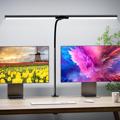 Quntis 80cm Doppelkopf Schreibtischlampe LED Schwanenhals, 15W Klemmbare dimmbare Tischlampe zum Augenschutz, Tageslichtlampe mit Touch Control, Monitor Lampe Klemmleuchte für Büro Homeoffice PC von Quntis