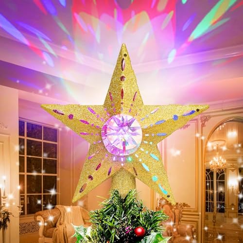 Quntis Weihnachtsbaumspitze mit Projektor, Sterne Christbaumspitze beleuchtet mit Bunte LEDs Christmas Tree Topper, Dekoration für Weihnachtsbaum und Innenausstattung (Gold) von Quntis