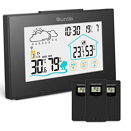 Quntis Wetterstation Funk mit 3 Stück Außensensor, Thermometer Hygrometer Digital Innen und Auße Multifunktionale Funkwetterstation mit Uhrzeitanzeige, Wettervorhersage Wecker und Nachtlicht von Quntis